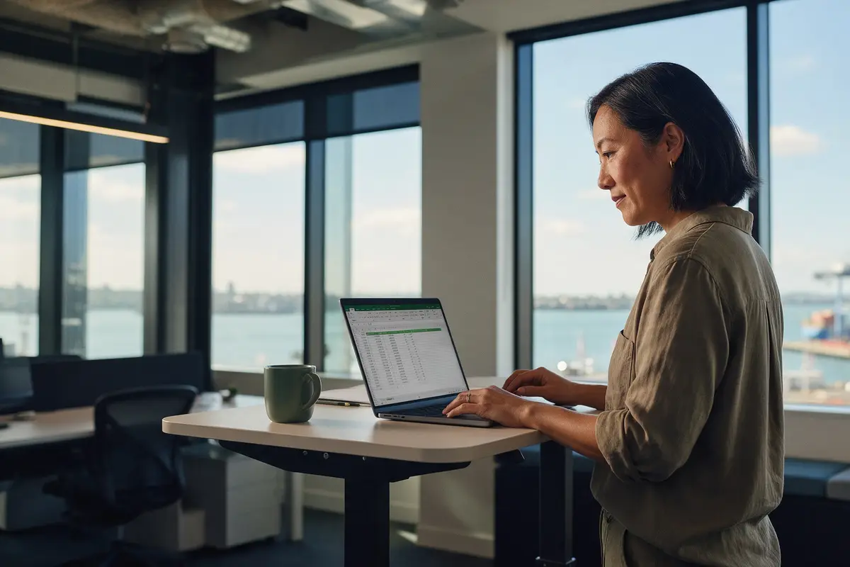 Business owner reviewing an aged debtors report on a laptop in a New Zealand office