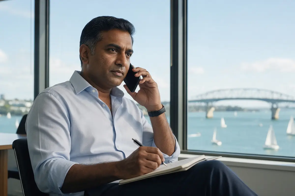 Auckland company director on a phone call in a meeting room, taking notes