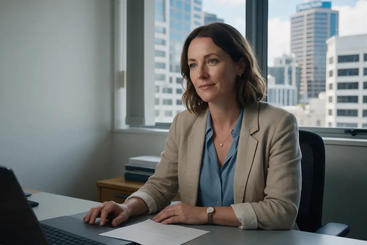Auckland business owner reviewing an Inland Revenue statement and a finance offer at her office desk