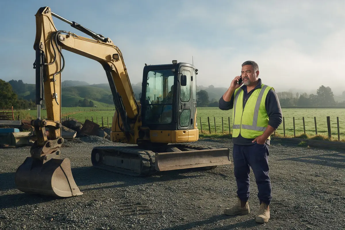 Waikato earthmoving contractor on the phone beside an excavator in his yard