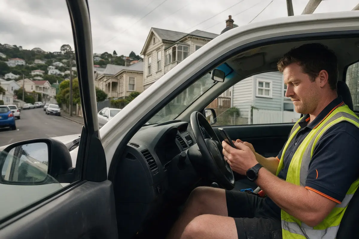 Dunedin plumber checking his IRD account on his phone while sitting in his work ute