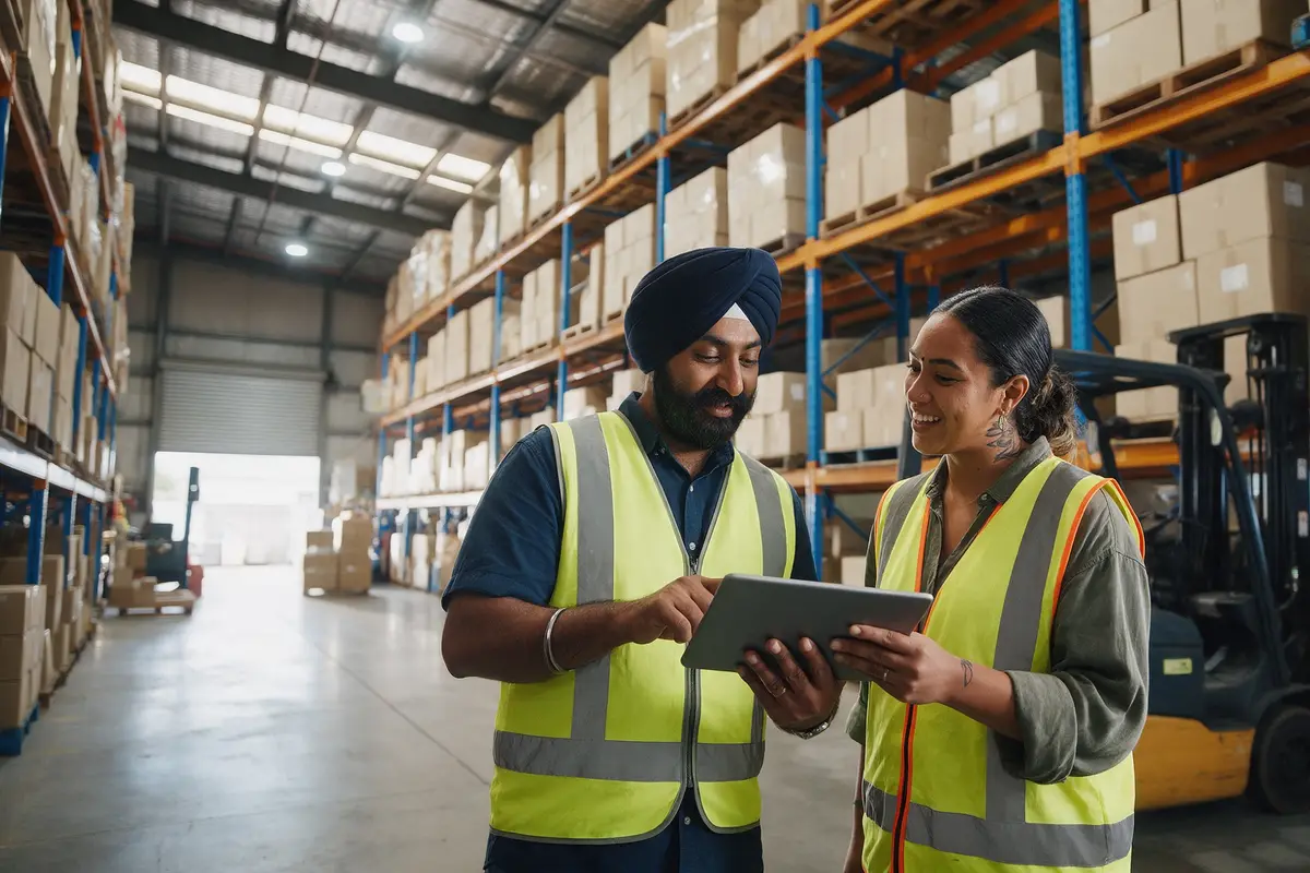 Business owner and staff member checking stock levels in a New Zealand wholesale warehouse