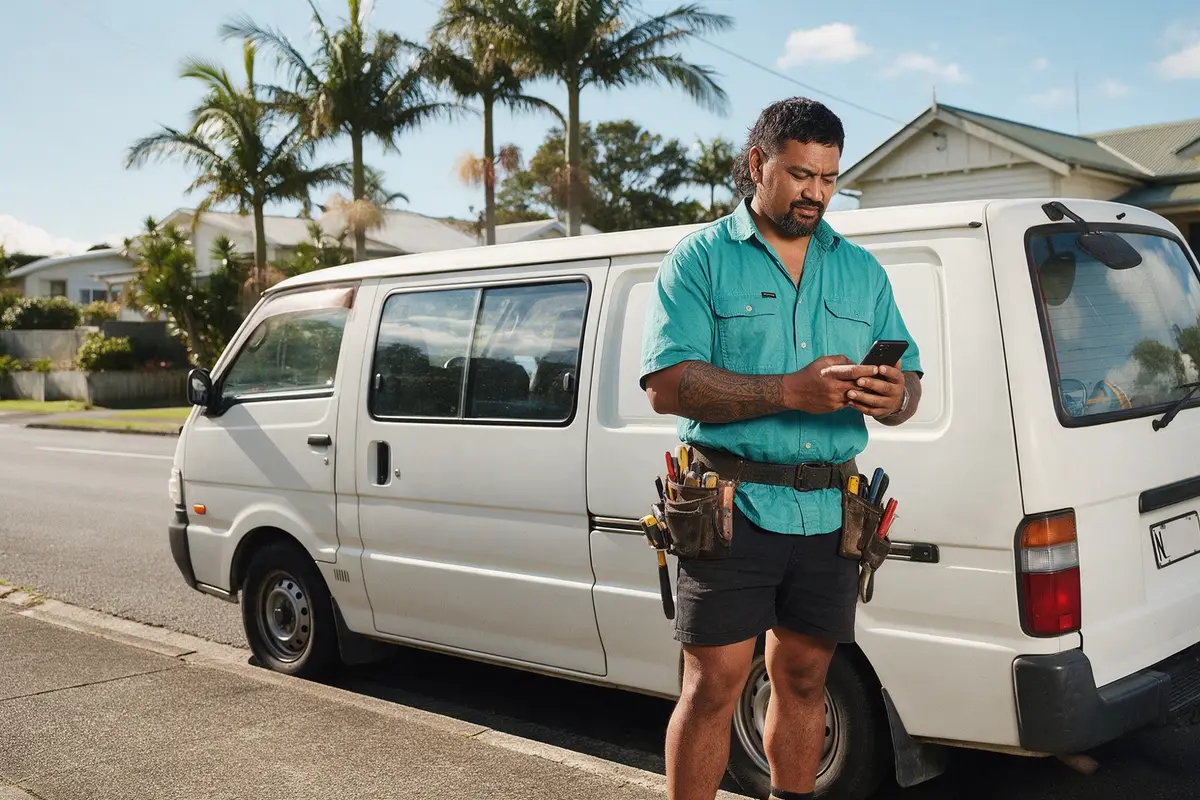 Self-employed electrician in Whangārei checking his bank app beside his work van