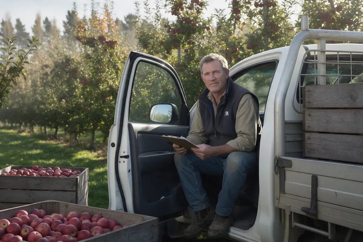 Hawke's Bay orchard contractor reviewing paperwork in his ute between rows of apple trees