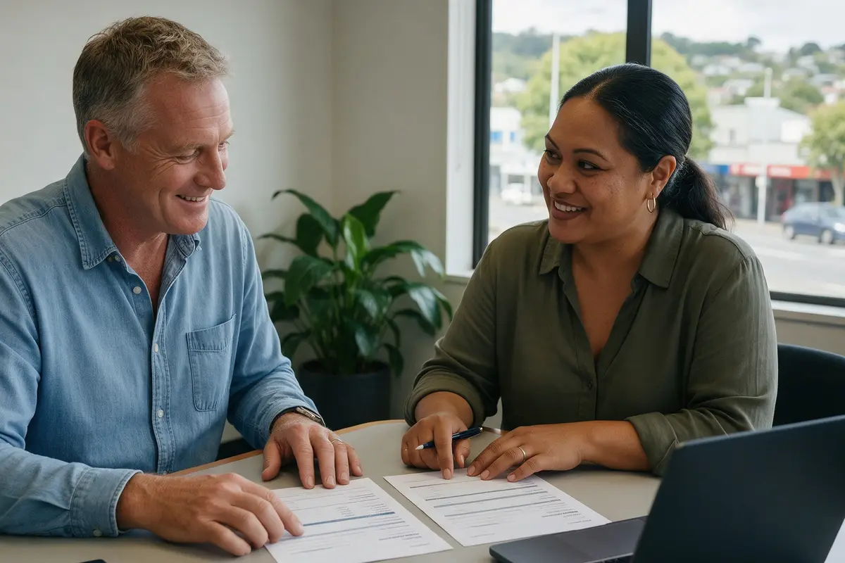 Kiwi business owner and accountant comparing two business loan offers at a meeting table
