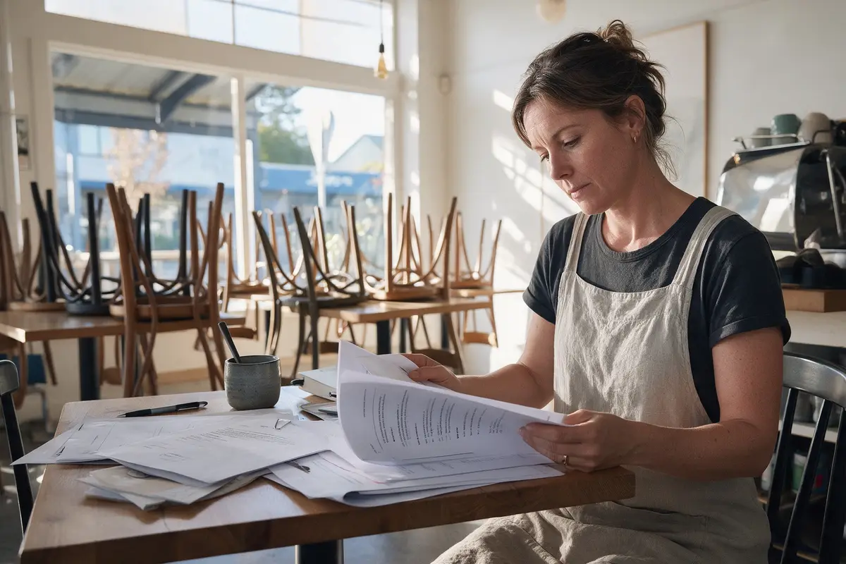 Cafe manager reviewing purchase paperwork at a corner table before opening