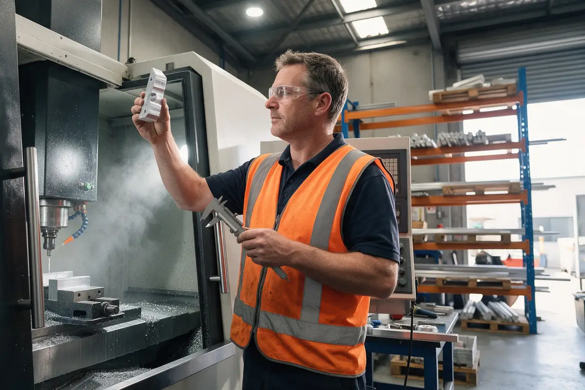 Machinist checking a part beside a CNC machine in a Christchurch manufacturing workshop
