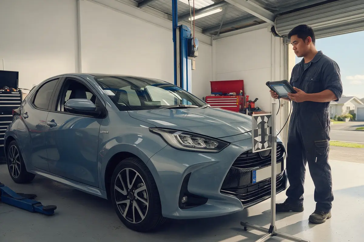 Technician using a diagnostic scanner on a modern hybrid car in a workshop bay