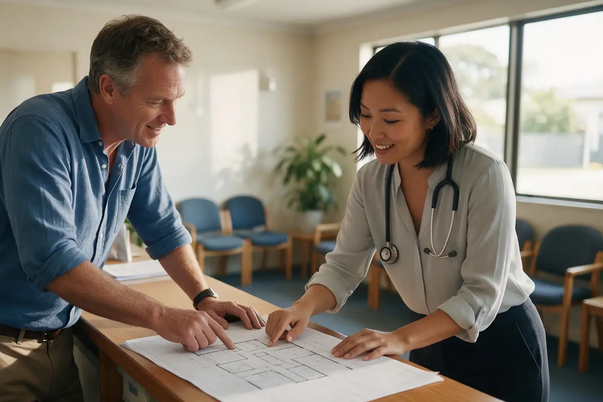 Two GP practice owners discussing plans at the reception desk of a medical centre