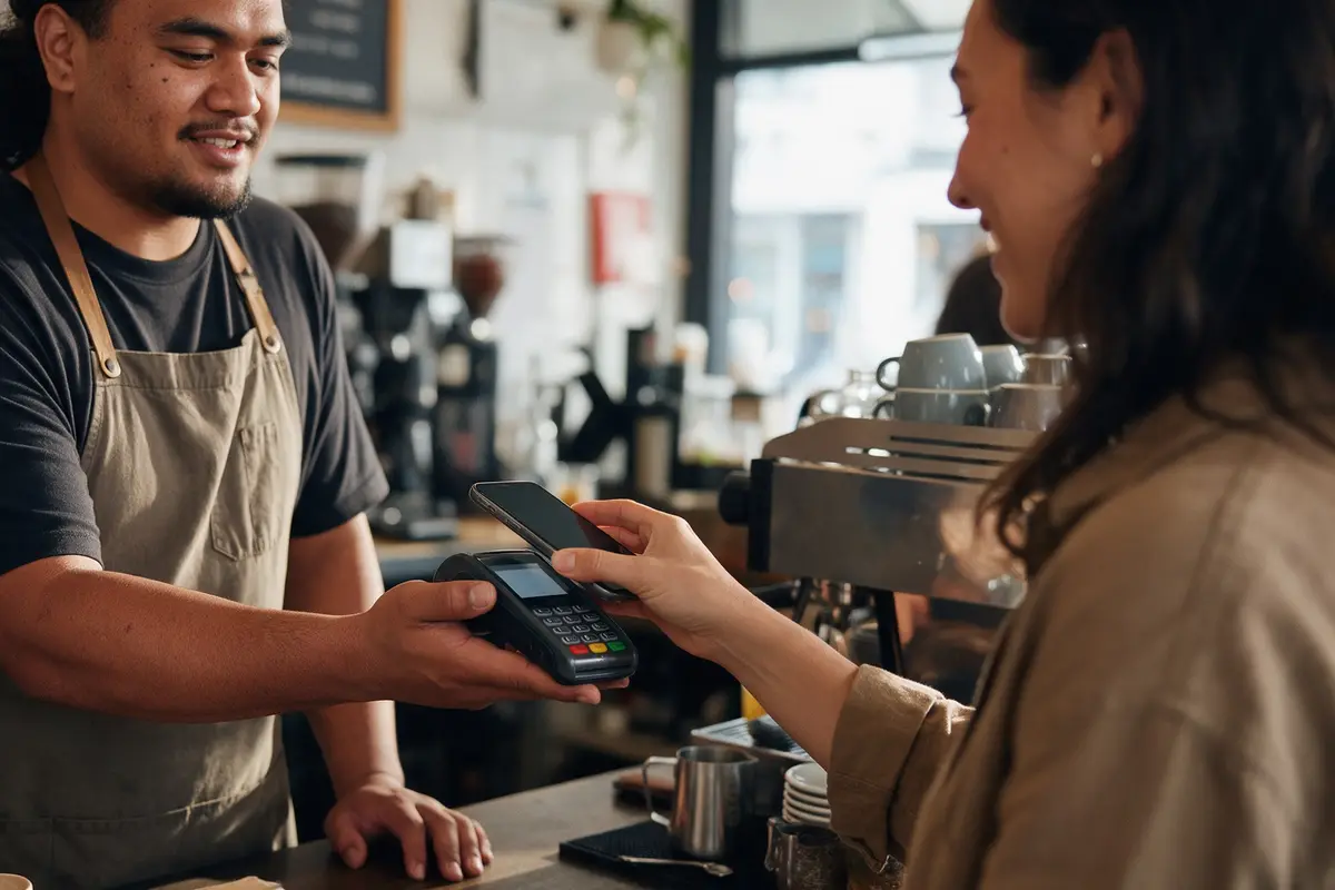 Wellington café barista processing an EFTPOS card payment for a customer at the counter