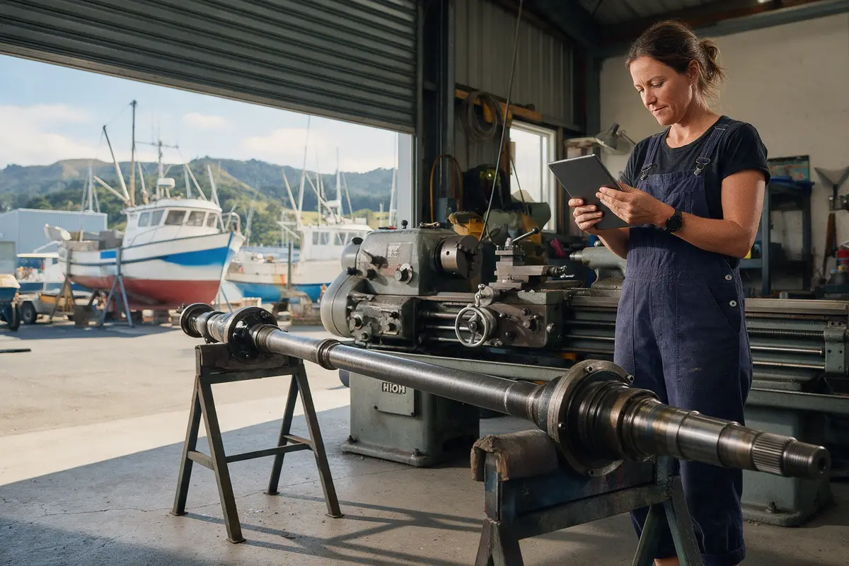 Marine engineer in a Nelson workshop reviewing a parts order on a tablet beside a vessel propeller shaft