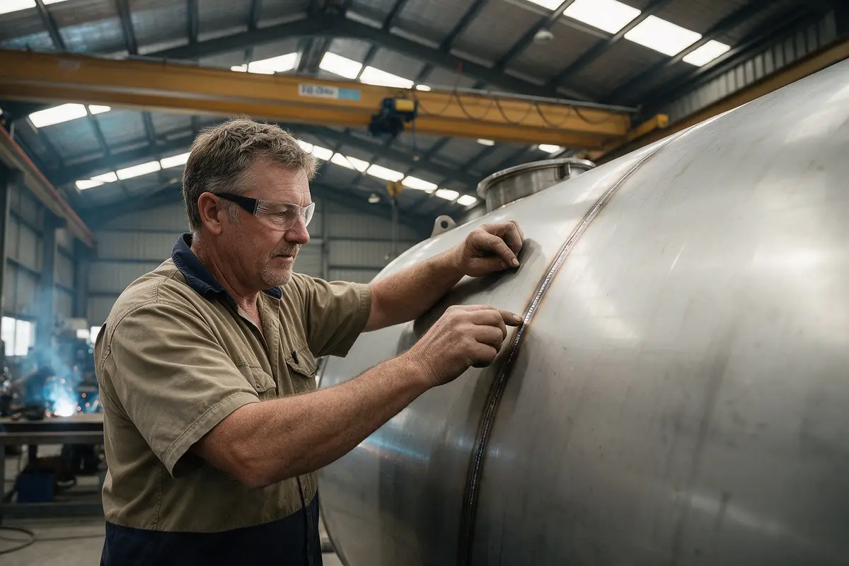 Taranaki engineering business owner inspecting stainless steel fabrication in a Bell Block workshop