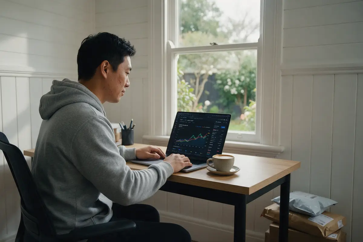 Ecommerce founder reviewing sales and ad results on a laptop in a home office