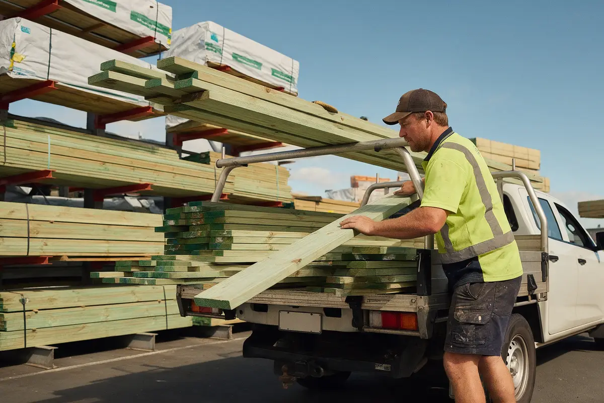 Builder collecting timber from a New Zealand trade supplier yard