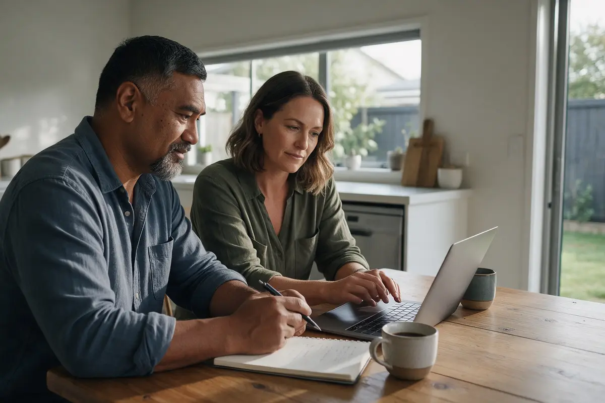 Business-owning couple in Palmerston North working through their tax options at the kitchen table