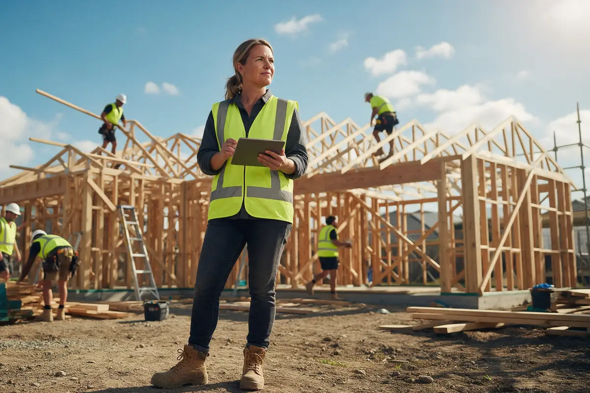 Tauranga building company owner reviewing payroll on a tablet at a residential build site