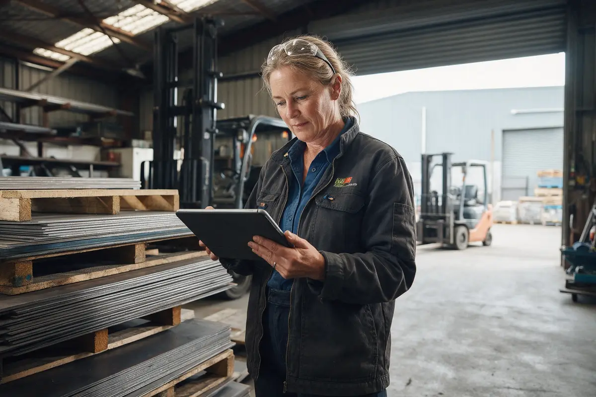 Factory owner reviewing a large order on a tablet on the production floor