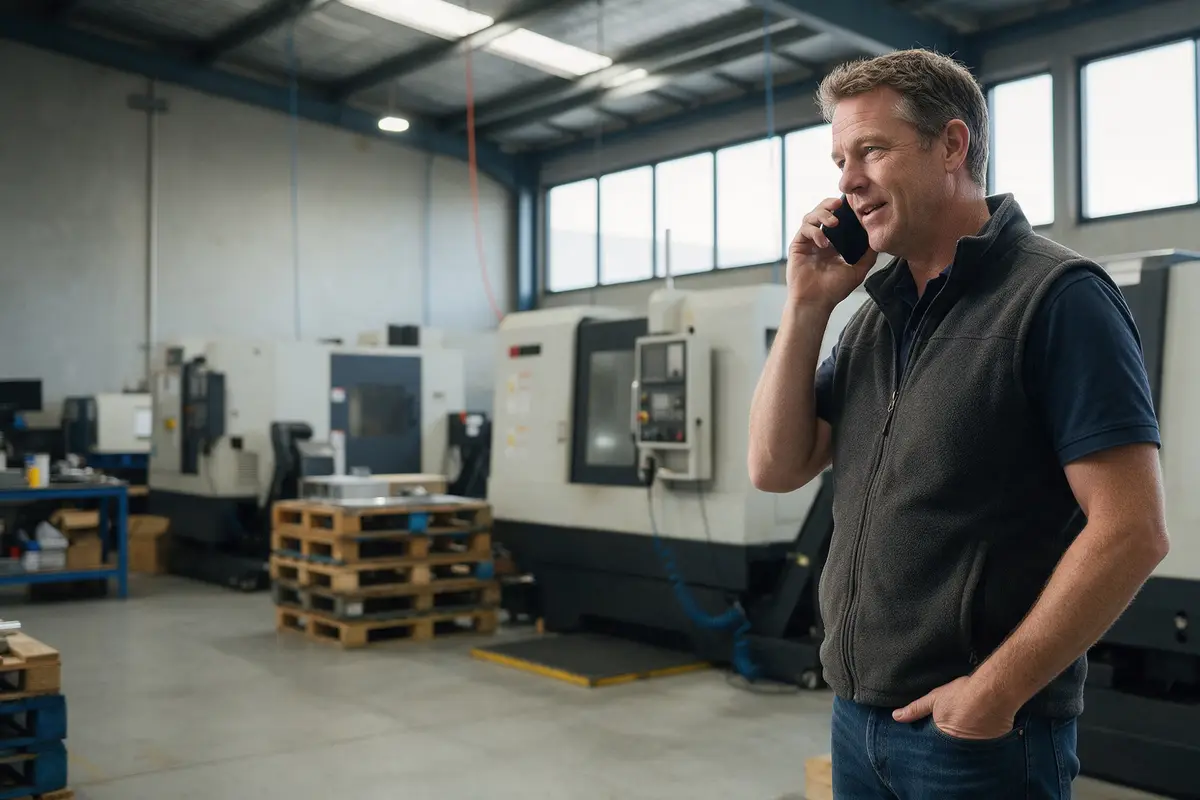 Christchurch manufacturing business owner on the factory floor discussing non-bank finance on the phone