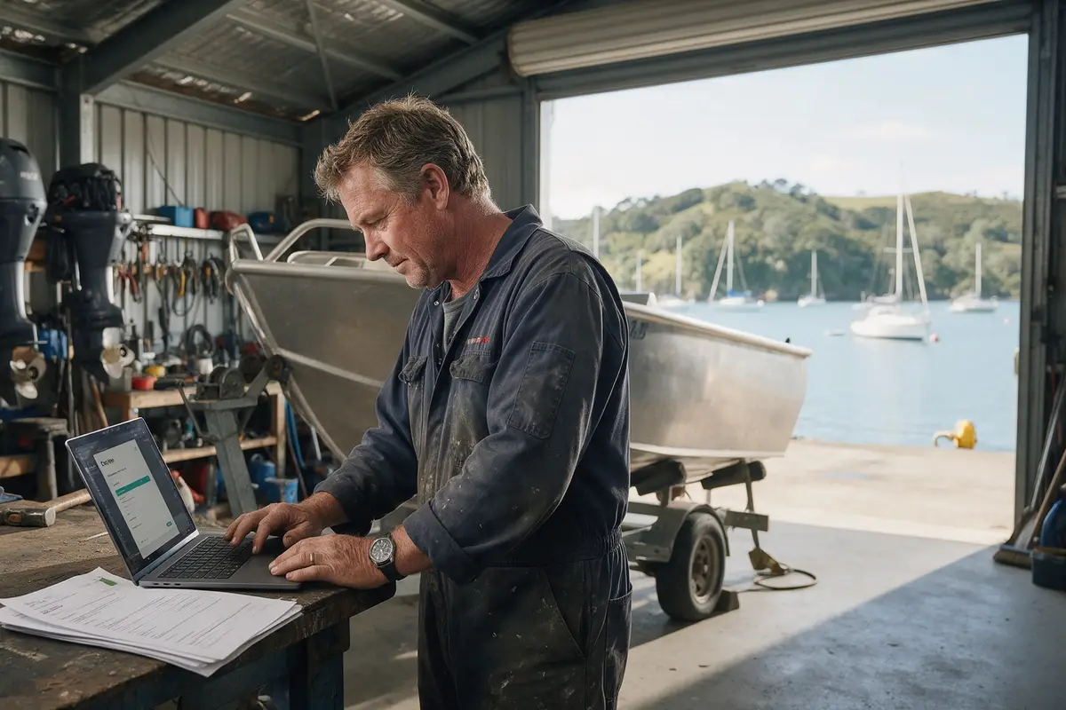 Whangārei marine engineer in his workshop reviewing a first mortgage offer on a laptop