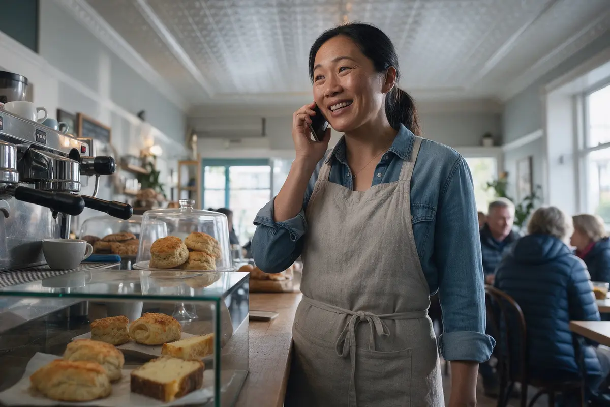 Café owner smiling on a phone call behind the counter of her café