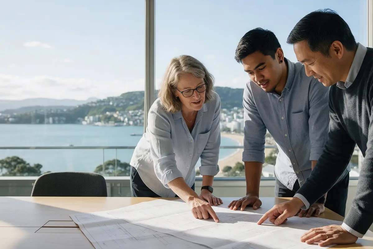Small consultancy team reviewing project plans around a table in a Wellington office
