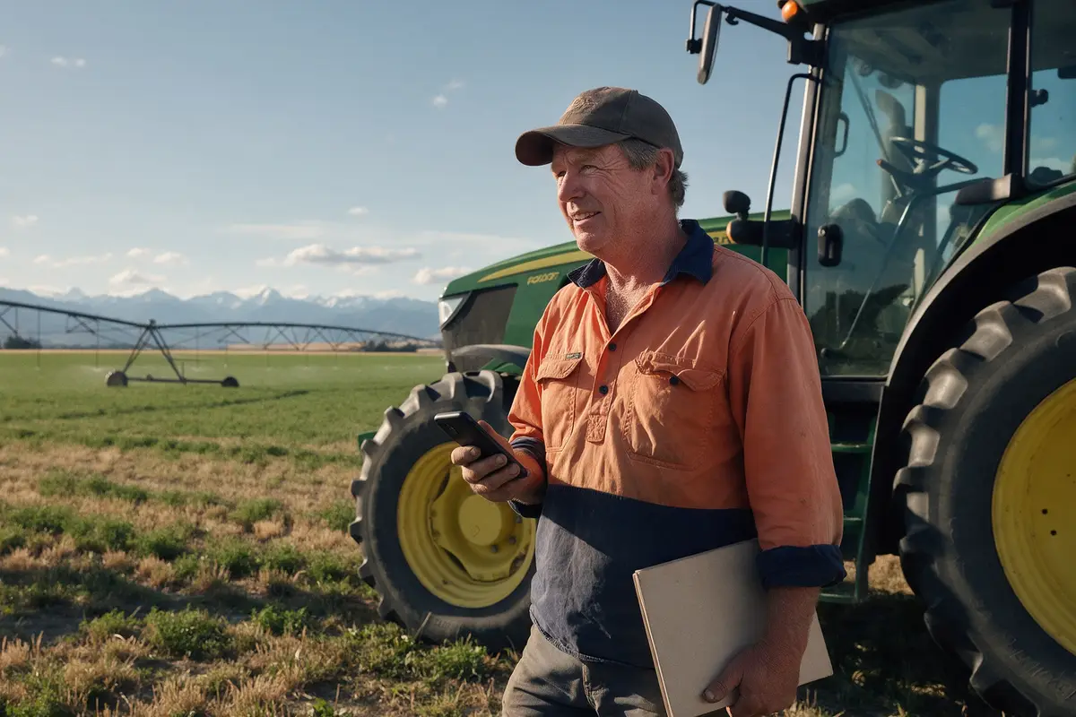 Canterbury agricultural contractor reviewing provisional tax figures beside his tractor