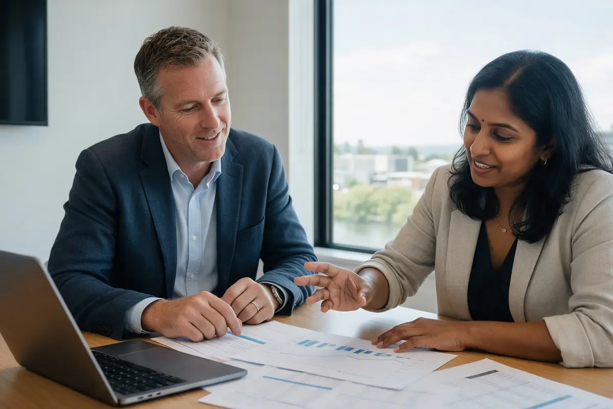 Hamilton business owner and accountant discussing provisional tax options at a meeting table