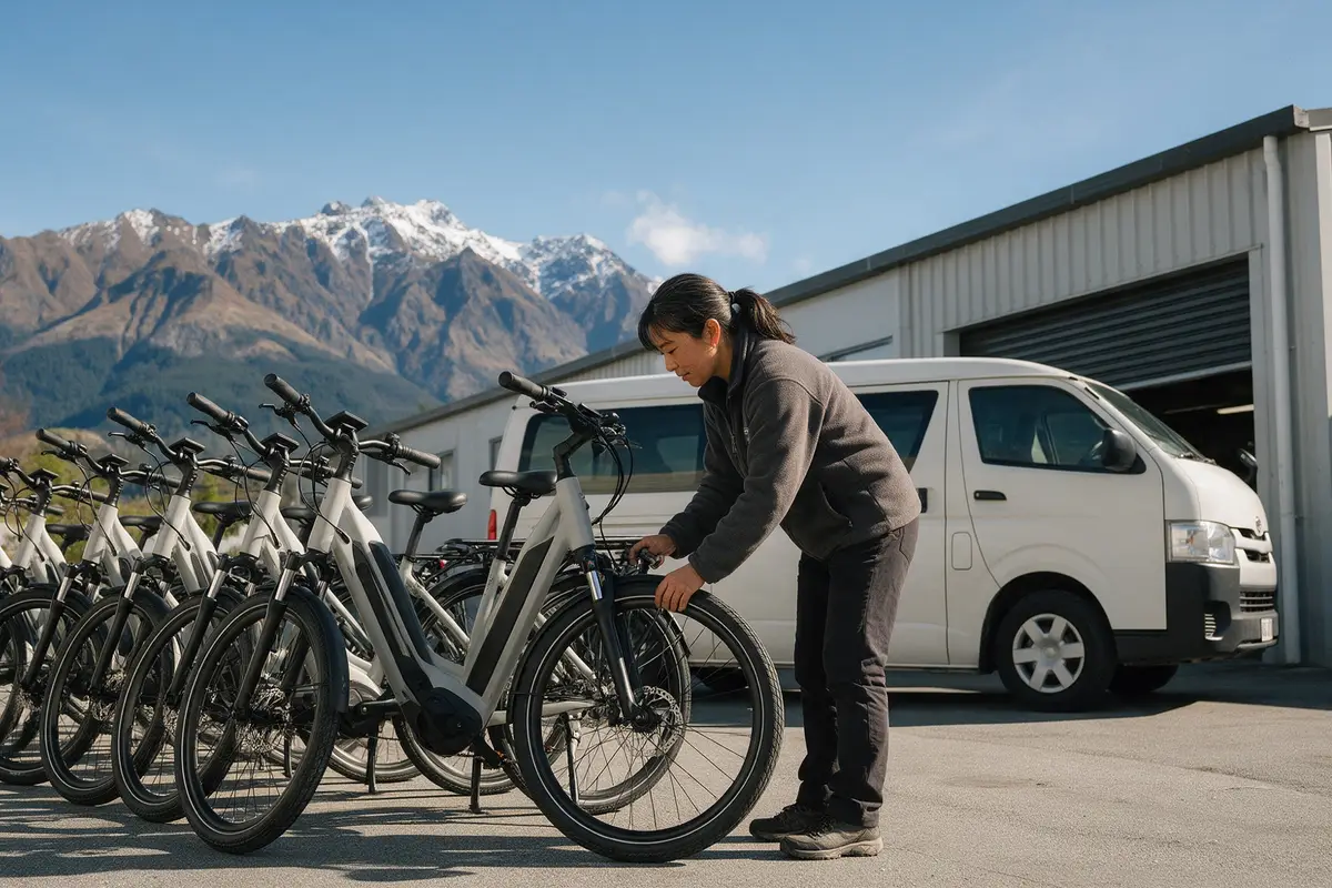 Queenstown tour operator checking a fleet of e-bikes outside her Frankton depot before the summer season