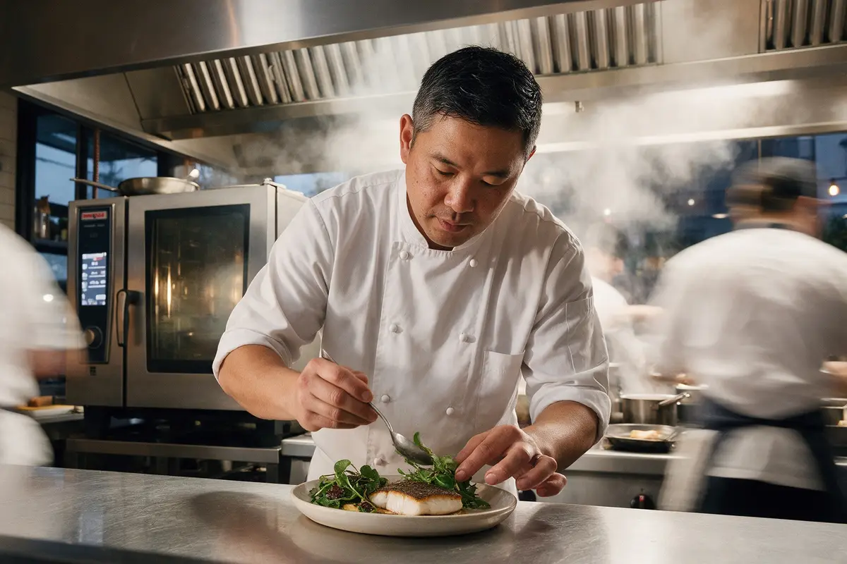 Chef working in a busy commercial restaurant kitchen in New Zealand