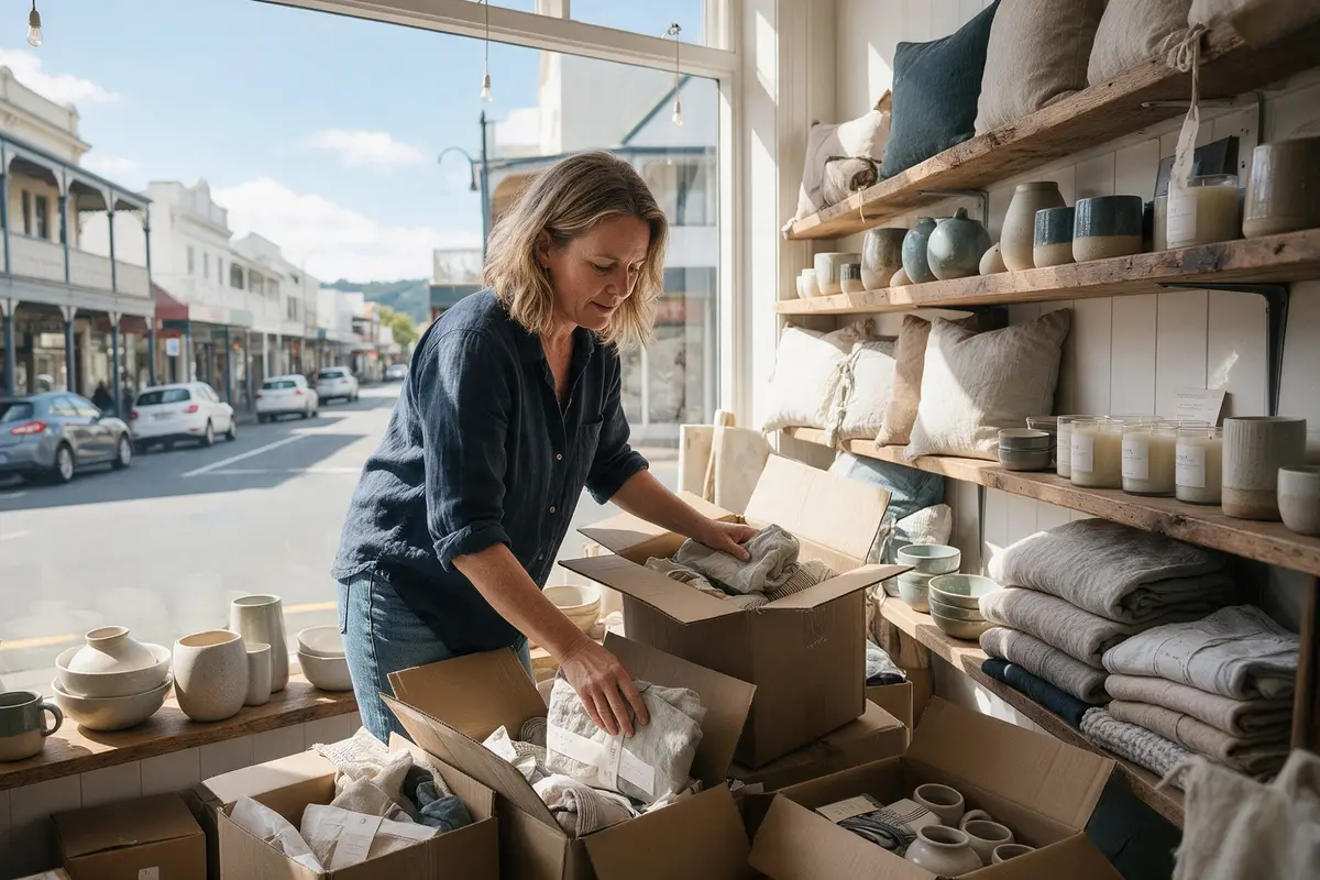 Nelson boutique owner unpacking new seasonal stock in her shop