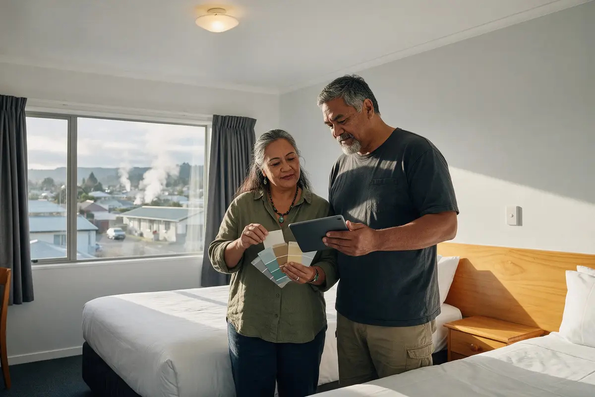Rotorua motel owners reviewing refurbishment plans in a freshly renovated motel unit