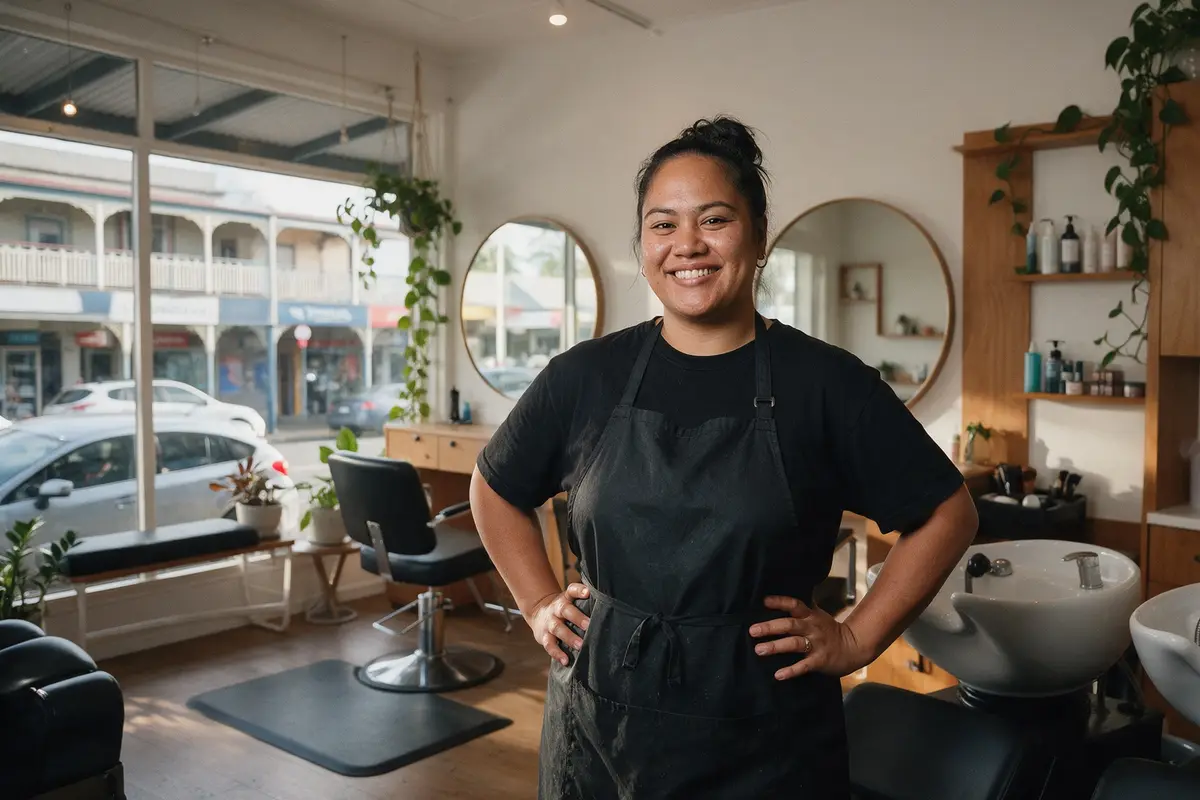 Salon owner standing in her newly fitted-out hair salon with styling stations and basins