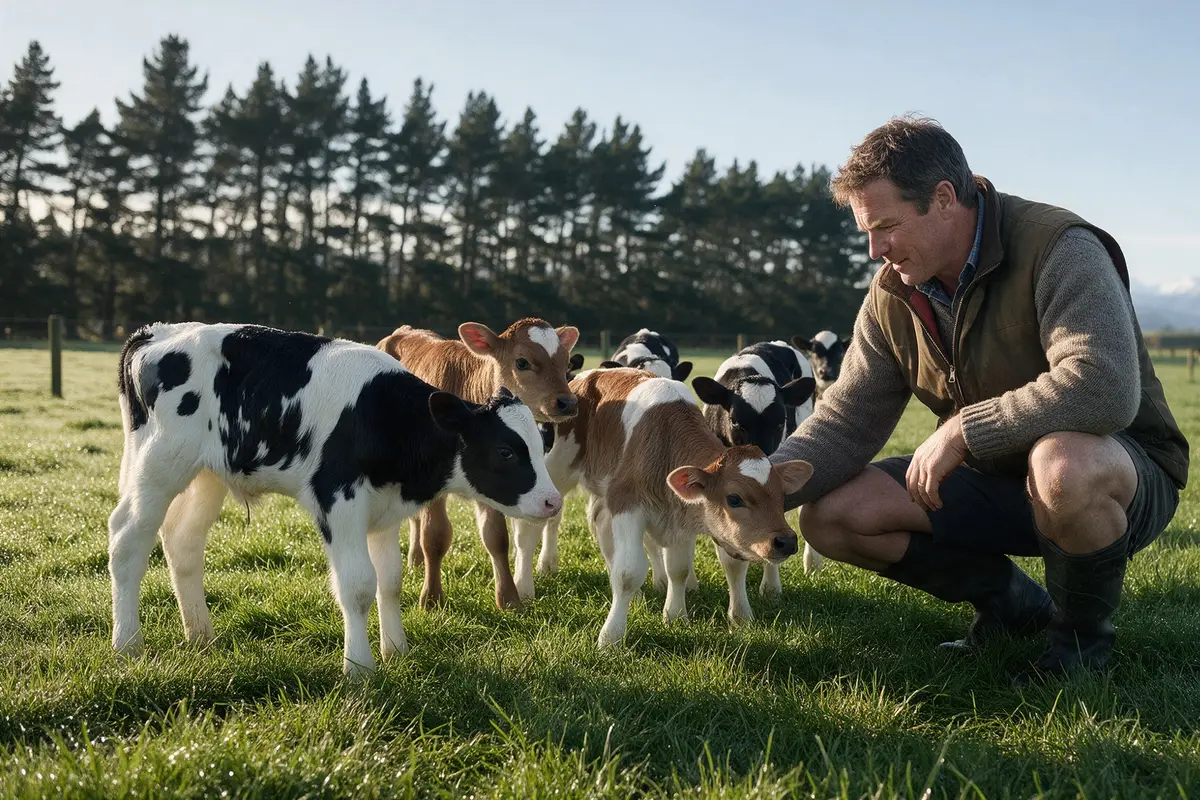 Canterbury dairy farmer checking newborn calves in a paddock during spring calving