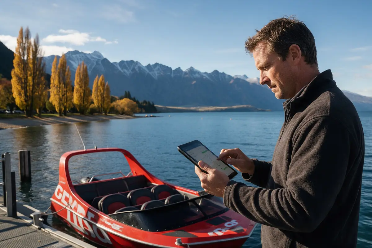 Queenstown tourism operator checking bookings on a tablet beside a jet boat on the lakefront