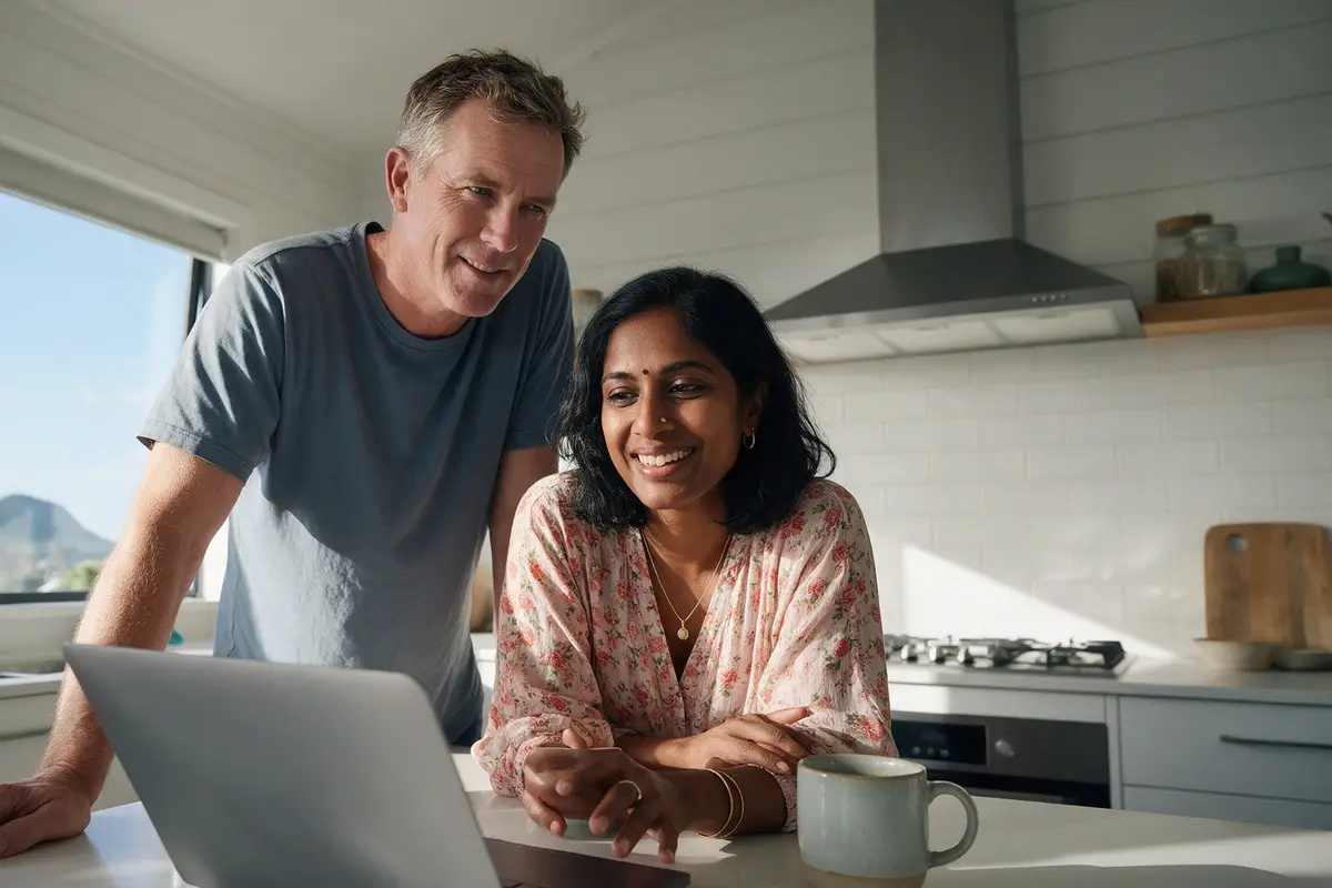 Tauranga business owner and partner at the kitchen table reviewing a second mortgage offer