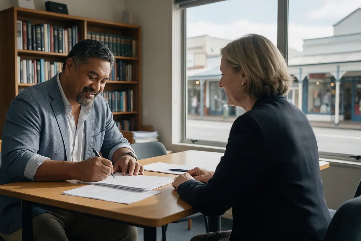 Business owner signing mortgage documents with a lawyer in a New Zealand law office