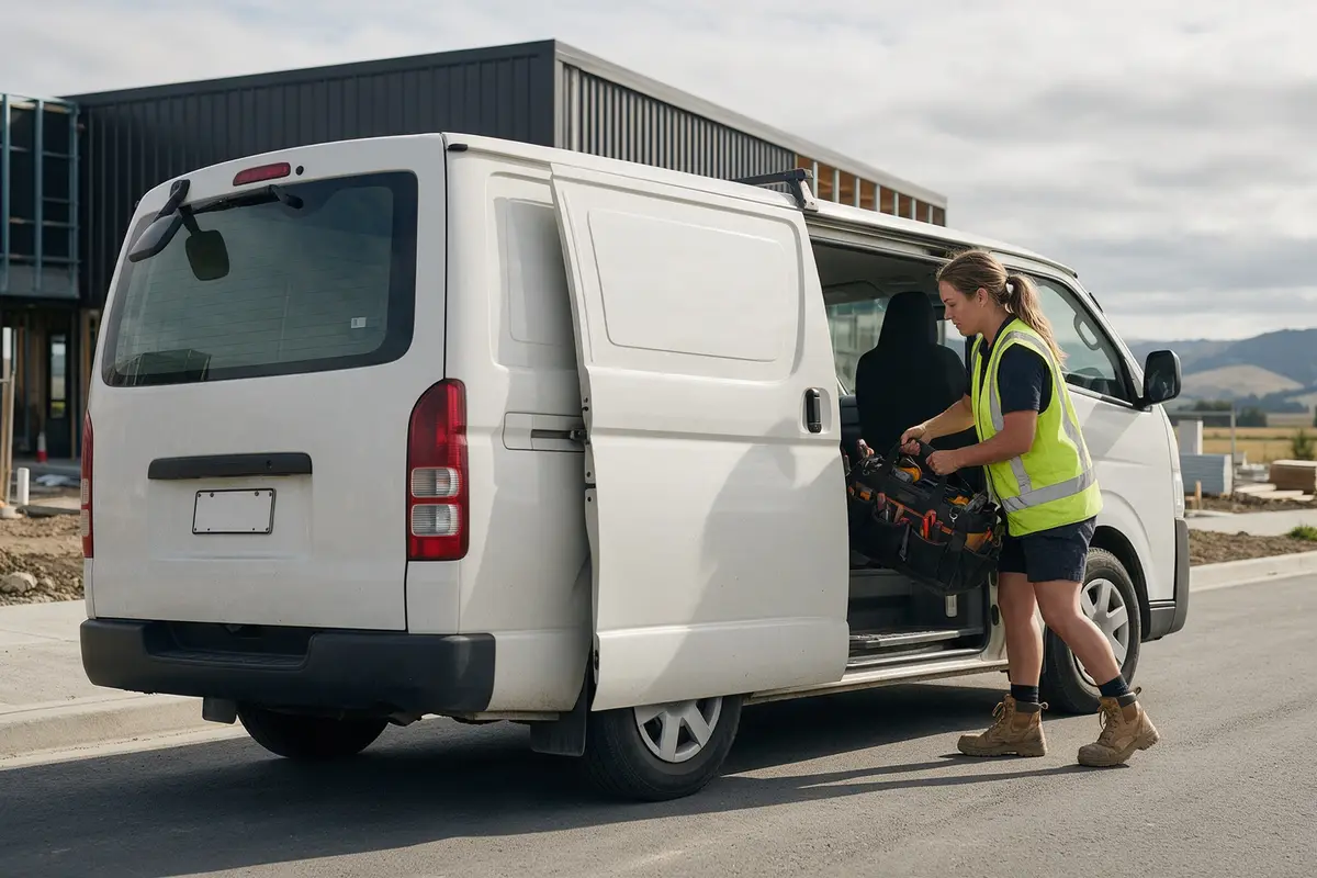 Canterbury electrician loading tools into a work van outside a commercial job site