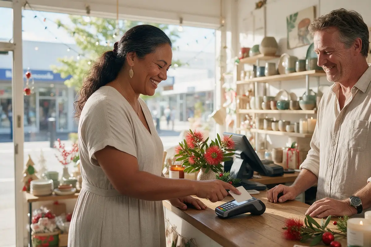 Customer paying by EFTPOS at the counter of a Christchurch gift shop