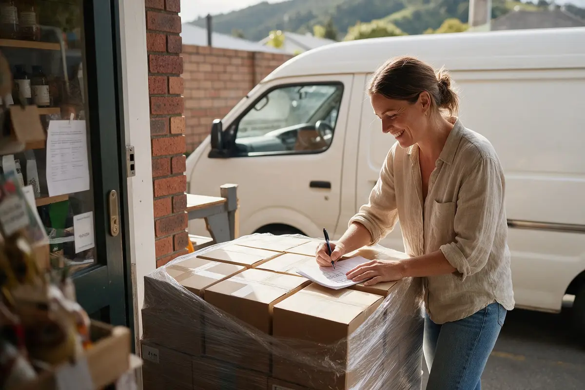 Nelson shop owner checking a pallet of new season stock delivered to her store