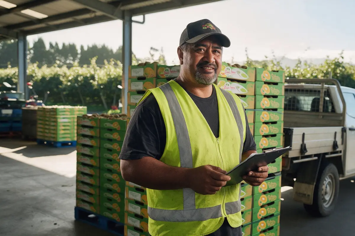 Tauranga kiwifruit contractor planning harvest crews on a clipboard outside a packhouse