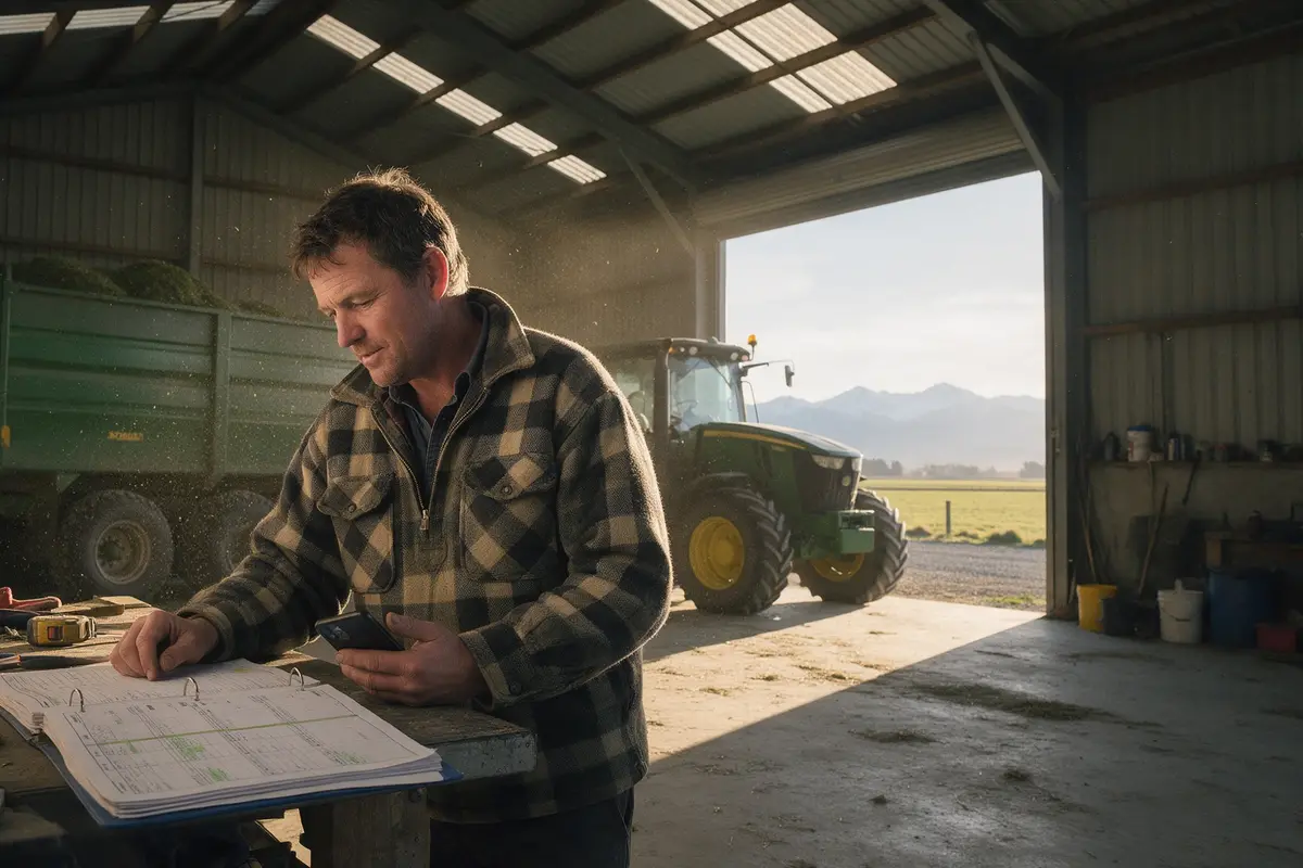 Canterbury dairy contractor planning the season's finance in a machinery shed