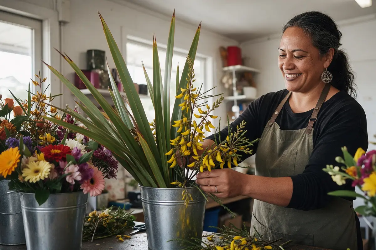 Whangārei florist arranging flowers at the counter of her small shop