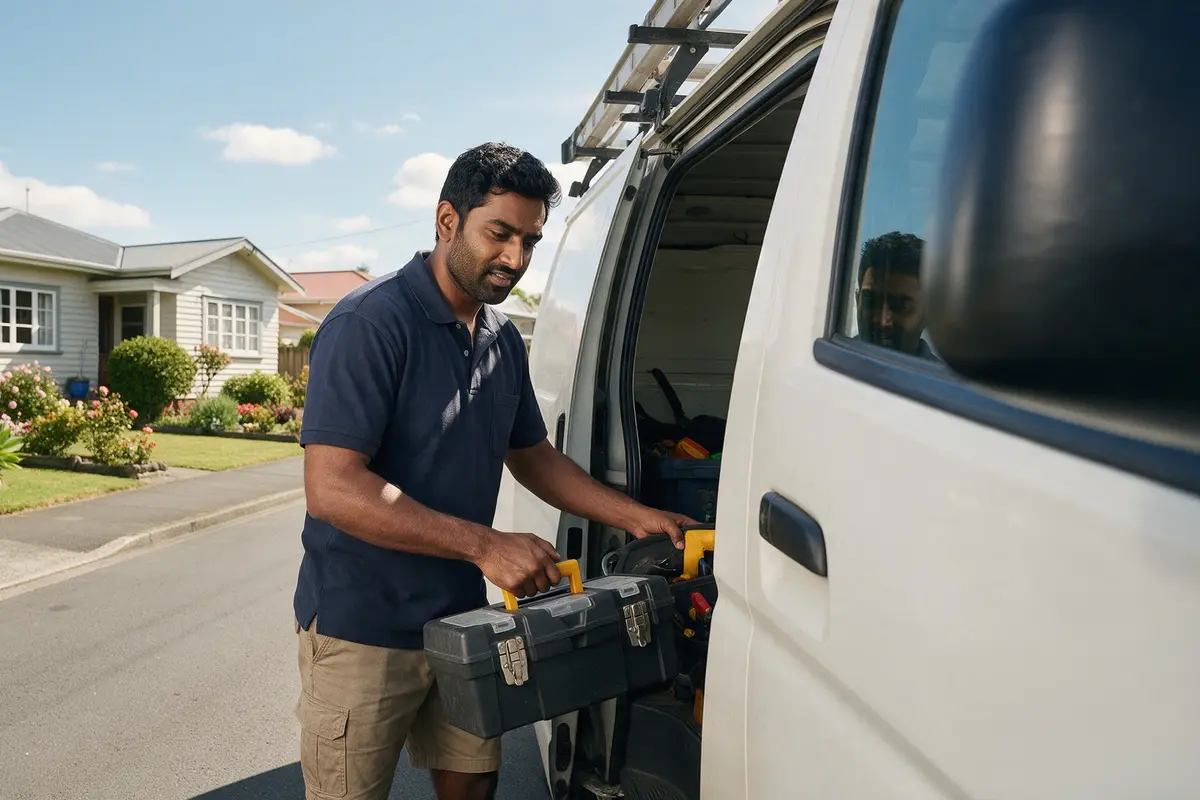 Electrician loading tools into his work van outside a Palmerston North home