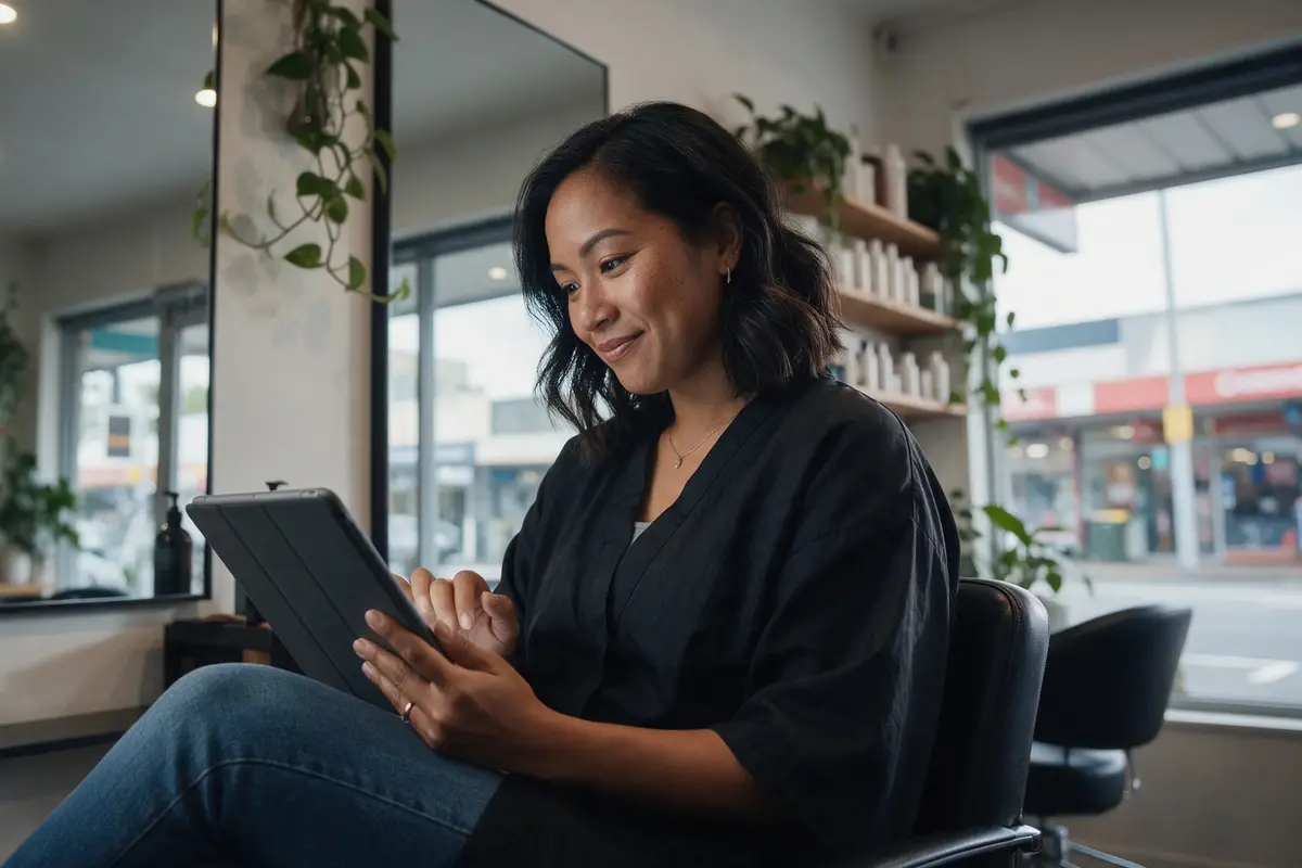 Self-employed hairdresser reviewing her bookings on a tablet in a salon
