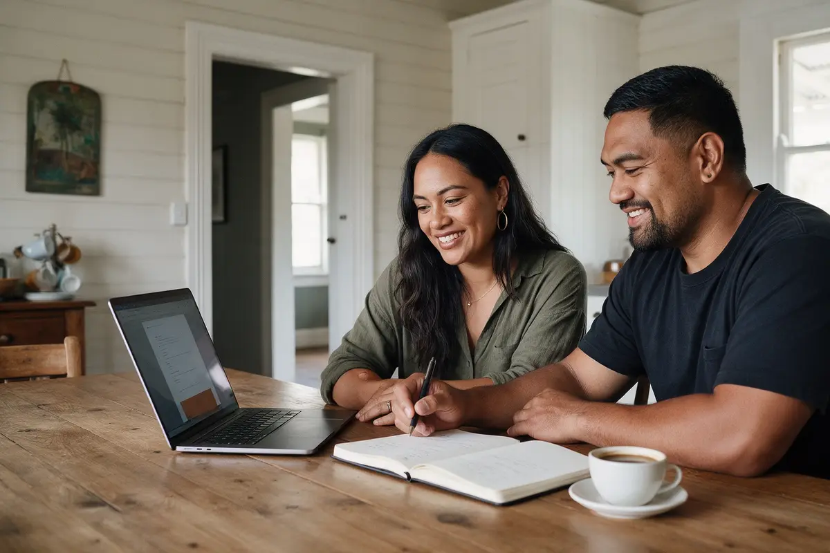 Couple planning a new business at their kitchen table with a laptop and paperwork
