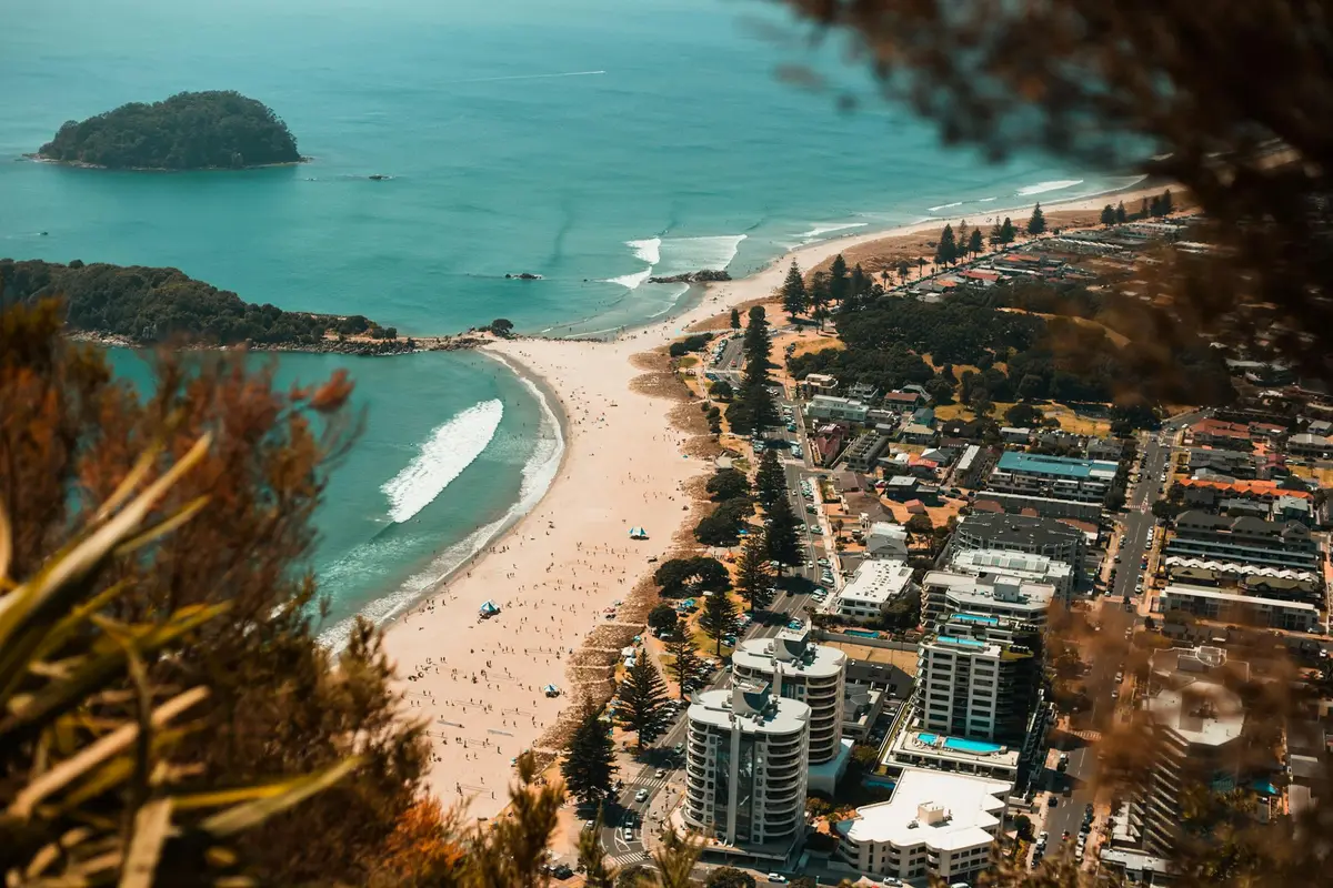 Moturiki Island and the beach at Mount Maunganui from above