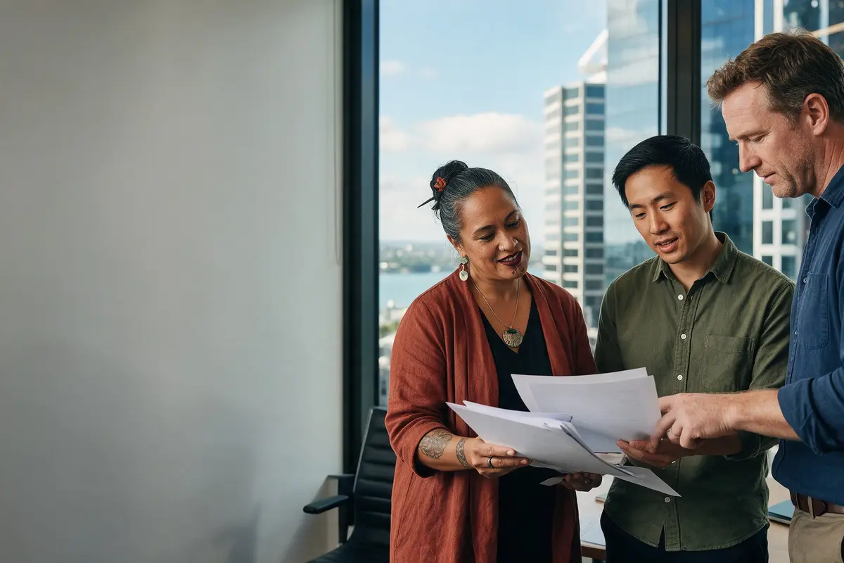 Business lending specialists talking through a loan application in an Auckland office
