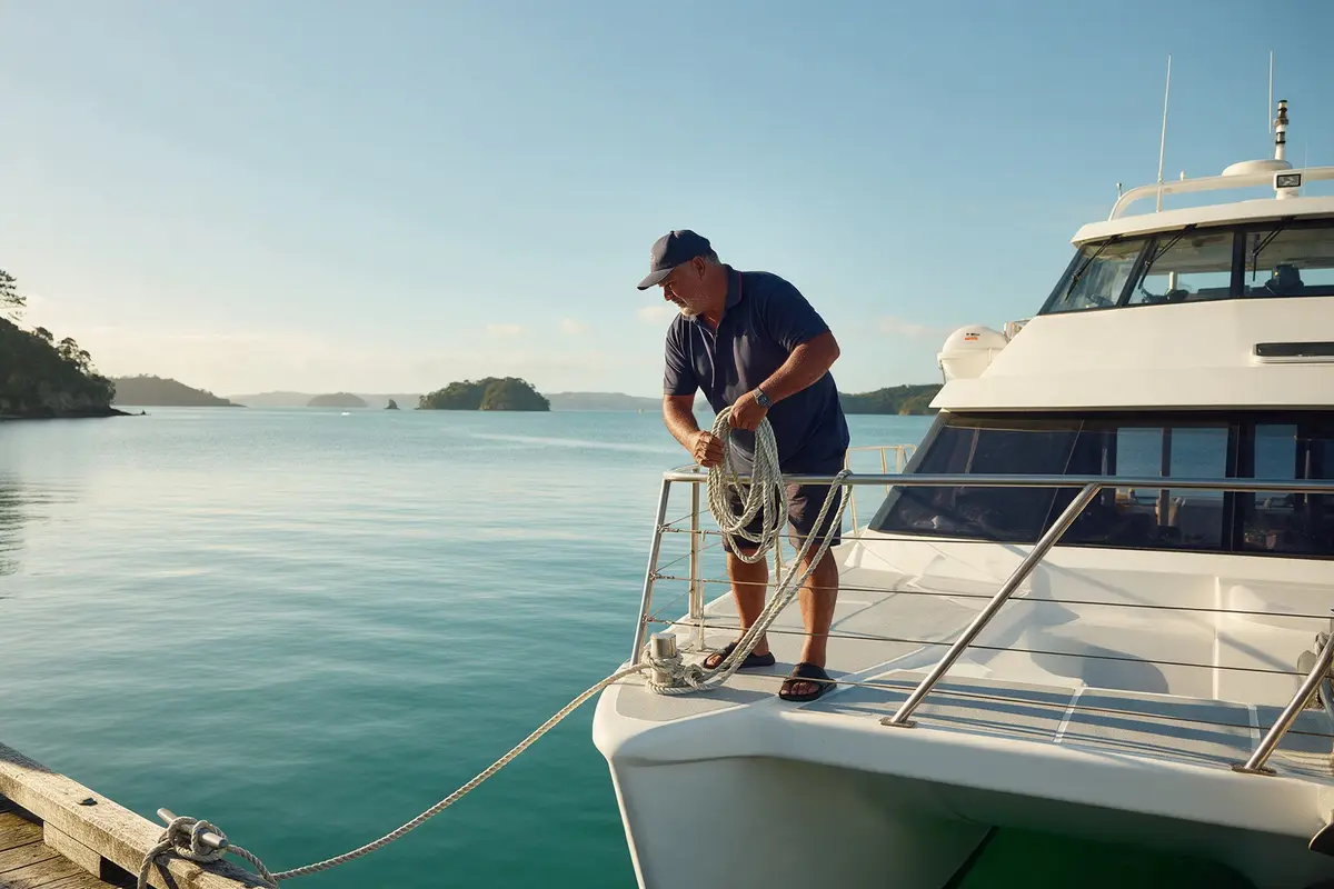 Tour boat skipper preparing a passenger vessel at a wharf in the Bay of Islands