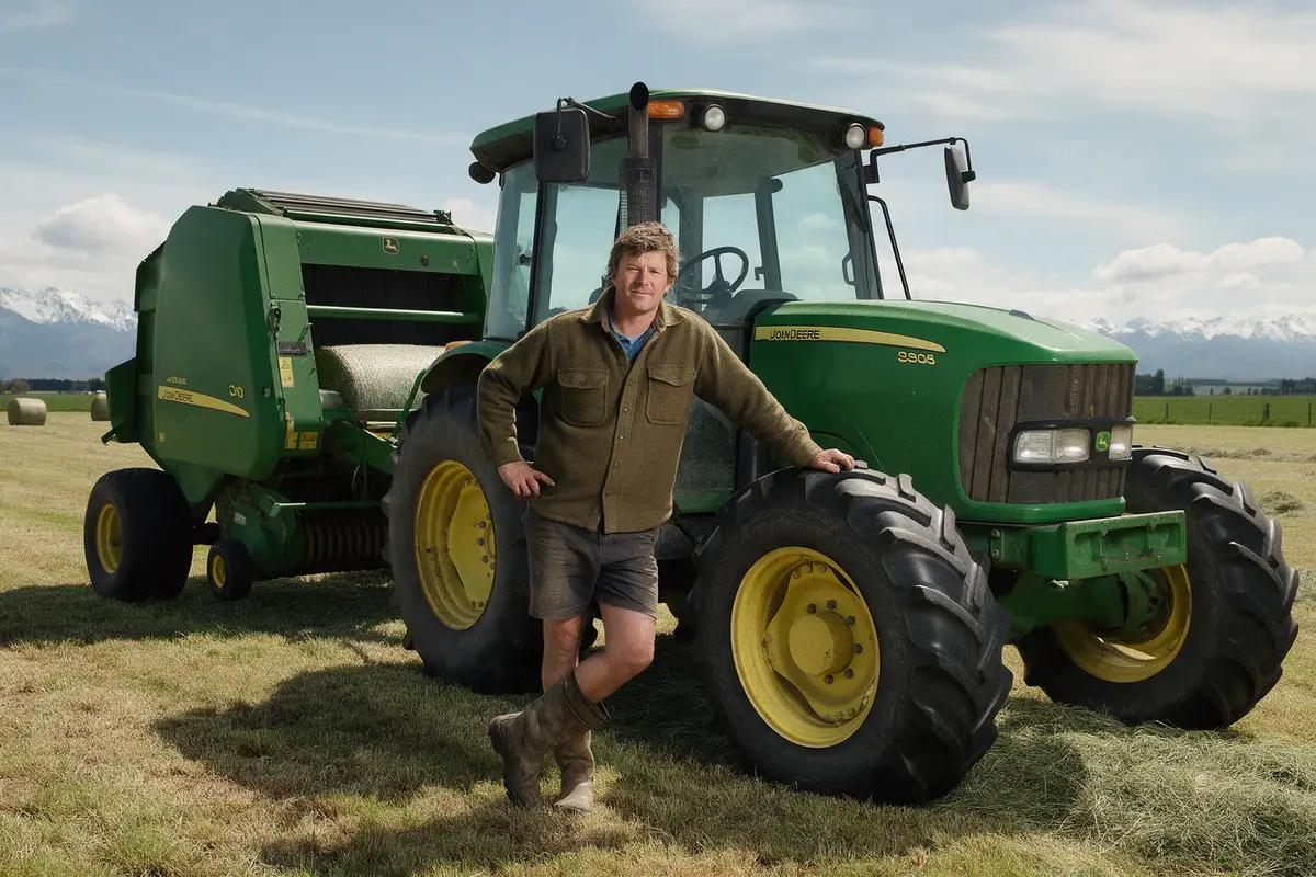 Agricultural contractor with a large tractor and baler on a Canterbury dairy farm