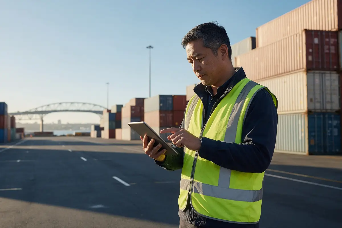 Importer checking a container shipment on a tablet at a New Zealand port